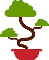 Flat Bonsai Tree Icon In Green And Red Color. vector
