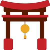 Flat Bell With Torii Gate Icon In Red And Yellow Color. vector