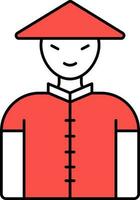 Cartoon Chinese Boy Wearing Traditional Costume Red And White Icon. vector