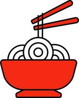 Chopsticks Holding Noddles Bowl Icon In Red And White Color. vector