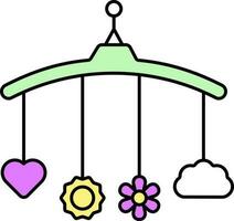 Flat Sun, Flower With And Heart Hanging Mobile Crib Icon In Black Line Art. vector