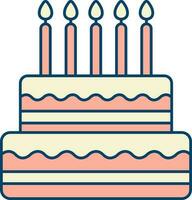 Isolated Cake With Burning Candles Icon In Peach And Yellow Color. vector