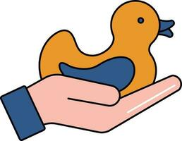 Hand Holding Toy Duck Icon In Orange And Blue Color. vector