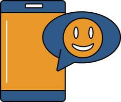 Blue And Orange Happy Emoji Message In Smartphone Screen Icon. vector