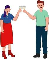 Cheerful Young Couple Cheers With Drink Glass In Standing Pose. vector