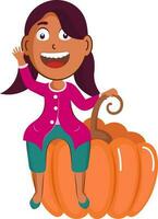 Cheerful Young Girl Sitting On Pumpkin Element. vector