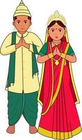 Bengali Wedding Couple Greeting Namaste In Traditional Dress. vector