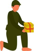 Faceless Young Boy Holding Gift Box In Sitting Pose. vector