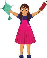 Cute Young Girl Holding Kite And String Spool In Standing Pose. vector