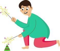 Cartoon Boy Holding Sparkling Stick With Fireworks Anar Illustration. vector