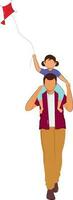 Portrait Of Faceless Girl Flying Kite Sits On Father Shoulder In Walking Pose. vector
