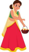 South Indian Young Woman Holding Bakset Of Flowers In Standing Pose. vector