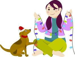 Character Of Young Girl Holding Lighting Garland And Dog Wear Santa Hat Against Background. vector