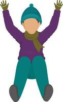 Faceless Young Boy Wearing Woolen Clothes With Raised Hands Up On White Background. vector