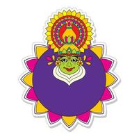 pegatina estilo Kathakali bailarín cara con vacío mandala marco en blanco antecedentes. vector