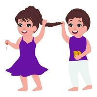 Cute Boy Pulling His Sister Braid On White Background. vector