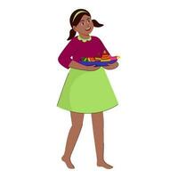 Young Girl Standing With A Plate Of Firecrackers On White Background. vector