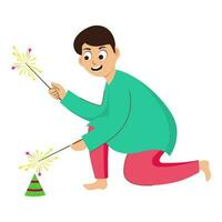 Cartoon Boy Holding Sparkling Stick With Fireworks Anar On White Background. vector