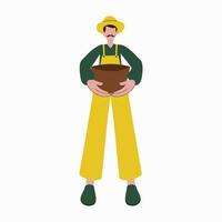 Cartoon Farmer Man Holding Pot In Standing Pose Against White Background. vector