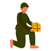 Faceless Young Boy Holding Gift Box In Sitting Pose. vector