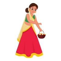 South Indian Young Woman Holding Bakset Of Flowers On White Background. vector