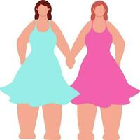 Sleeveless Frock Wearing Two Young Woman Hand Holding In Standing Pose. vector