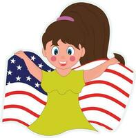 Sticker Style Cheerful Girl Holding Waving American Flag. vector