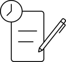 Clock With Paper And Pen Icon In Line Art. vector