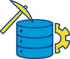 Blue And Yellow Pickaxe With Database And Cogwheel For Data Mining Icon. vector