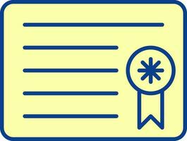 Flat Style Certificate Icon In Yellow Color. vector