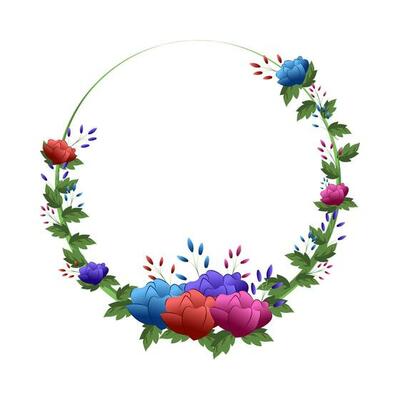 Shiny Colorful Flowers, Petals and Green Leave, Floral Frame Design for Inviitations, Greetings and Weddings Cards with Text Space for Your Message. Gradiant Effect.