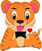 Cute Tiger Love Chatting From Smartphone On White Background. vector