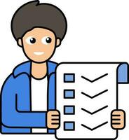 Cartoon Young Man Holding Check List Colorful Icon In Flat Style. vector