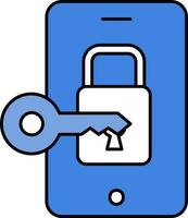 Flat Mobile Lock With Key Icon In Blue And White Color. vector