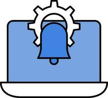 Setting With Bell In Laptop Screen Icon In Blue And White Color. vector