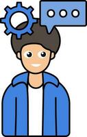 Cogwheel With Speech Bubble And Young Man Blue And White Icon. vector