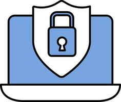 Blue And White Shield Lock With Laptop Icon In Flat Style. vector