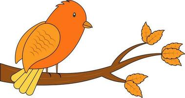 Orange Bird Sit On Leaf Branch Flat Icon. vector