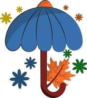 Open Umbrella With Maple Leaf And Flowers On White Background. vector