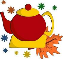 Yellow And Red Teapot With Maple Leaf And Flowers On White Background. vector