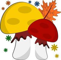 Illustration Of Toadstools With Maple Leaf And Flowers On White Background. vector