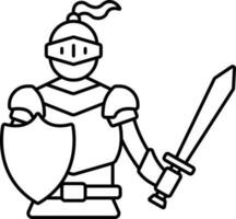 Cartoon Character Of Knighting Man Holding Shield And Sword Linear Icon. vector