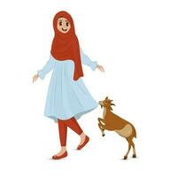 Illustration Of Muslim Young Lady With Cartoon Goat Over On White Background. vector