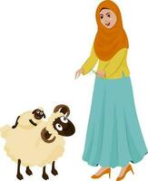 Cartoon Baby Goat Over Mother And Standing Muslim Girl Holding Grass On White Background. vector