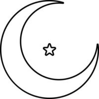 Black Thin Line Art Of Crescent Moon With Star Icon. vector