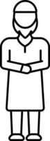 Cartoon Muslim Man Standing With Hand Bind Icon In Black Line Art. vector