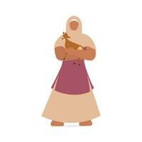 Illustration Of Muslim Young Girl Holding Baby Goat On White Background. vector