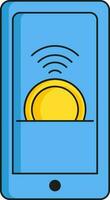 Wifi con moneda en teléfono inteligente icono en amarillo y azul color. vector