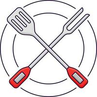 Grey And Red Cross Spatula And Fork Over Circles Background. vector