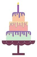 Colorful Three Layer Cake With Burning Candle In Sticker Style. vector